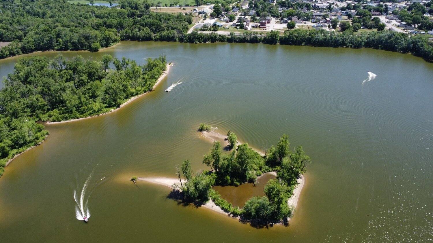 Island and scenic lake view at Lazy L Lake Campground near Terre Haute